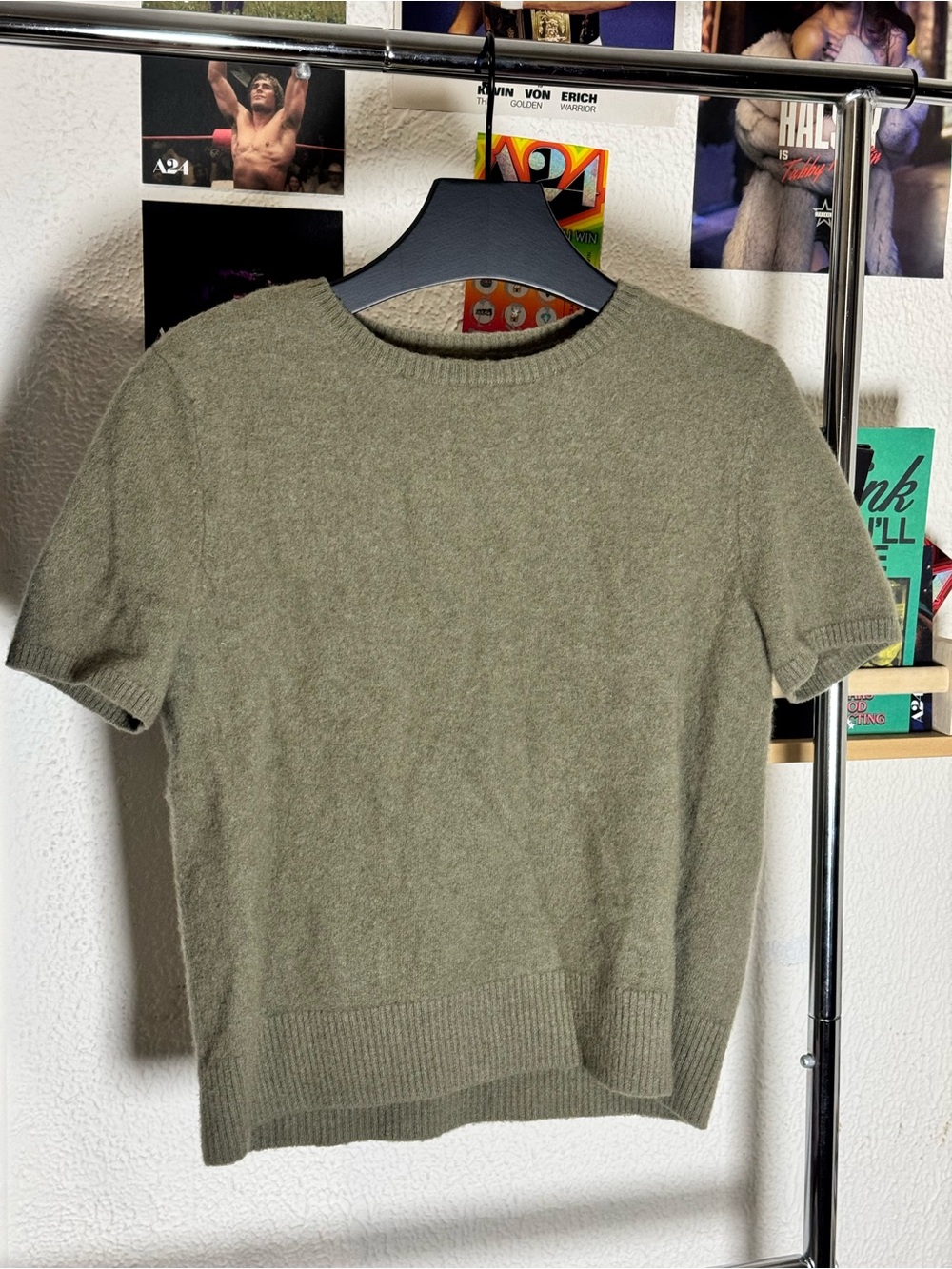 WILT 100% Cashmere Short Sleeve Sweater Olive Green Knit Top